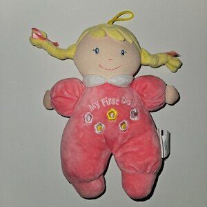 Stephan Baby Pink My First Doll Plush Lovey Rattle 8" Toy Blond Hair Blue Eyes